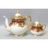 De Lamerie Fine Bone China heavily gilded Burgundy Aphrodite patterned tea pot & sugar bowl,