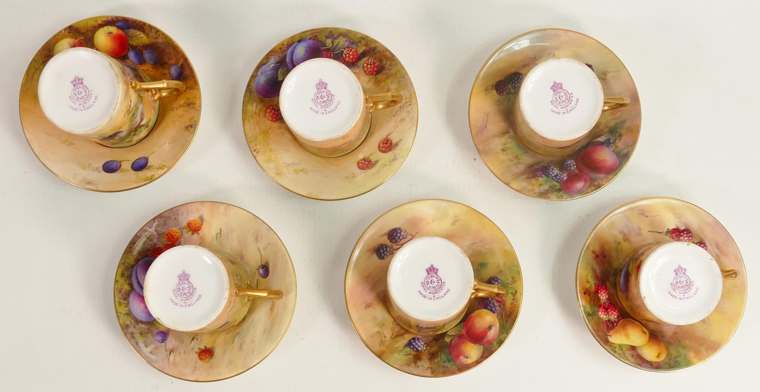 Royal Worcester set of coffee cans and saucers, hand painted with fruit by various artists including - Image 2 of 3