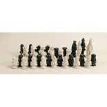 Black & white ceramic chess set with Aztec theme, 32 pieces, height of King 8.5cm.