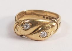18ct gold hallmarked ring set 2 diamonds, each 2.5mm approx in diameter. Weight 7.3g, ring size N.