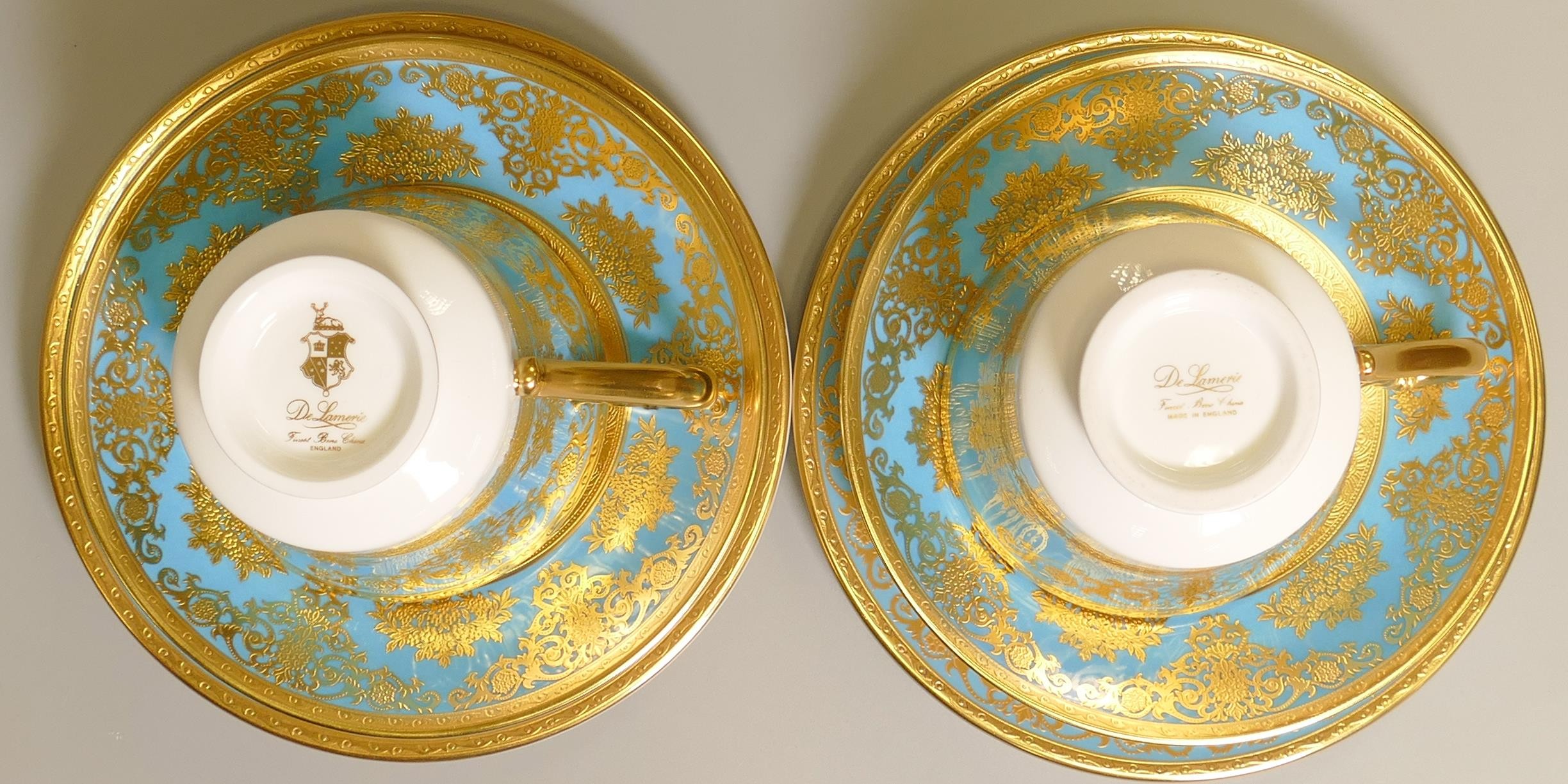 De Lamerie Fine Bone China heavily gilded Turquoise Exotic Garden patterned trios, specially made - Image 2 of 3