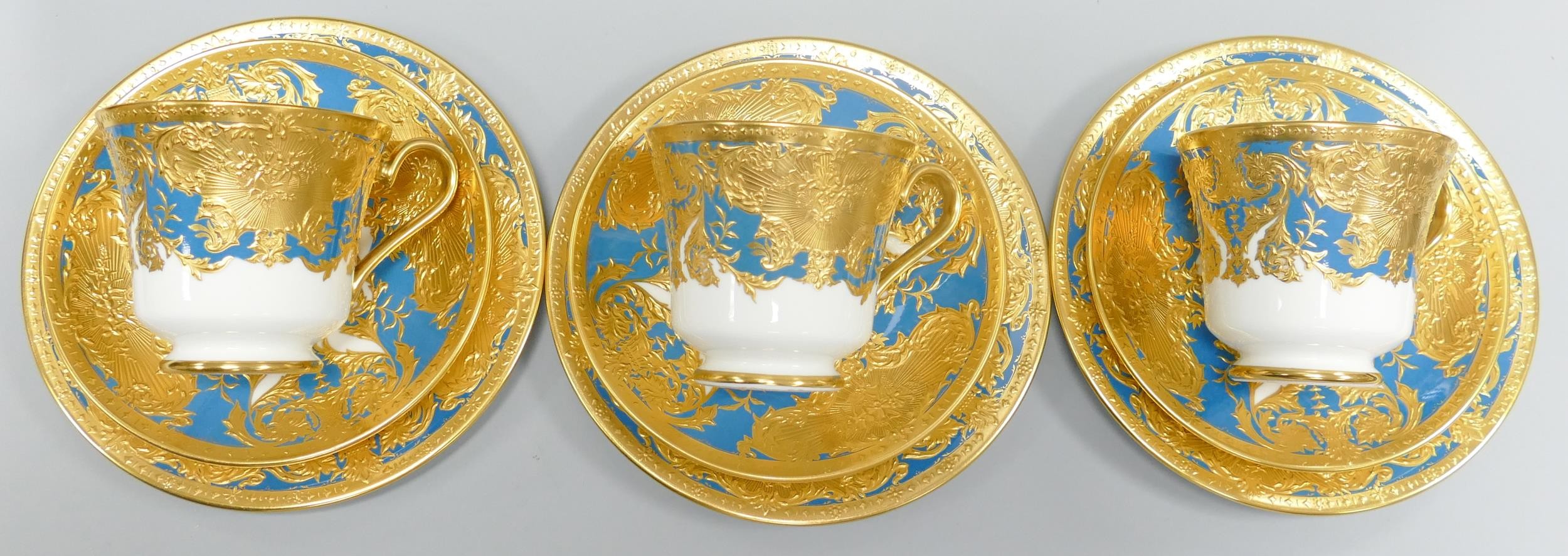De Lamerie Fine Bone China heavily gilded Blue Royale patterned trios, specially made high end - Image 3 of 3