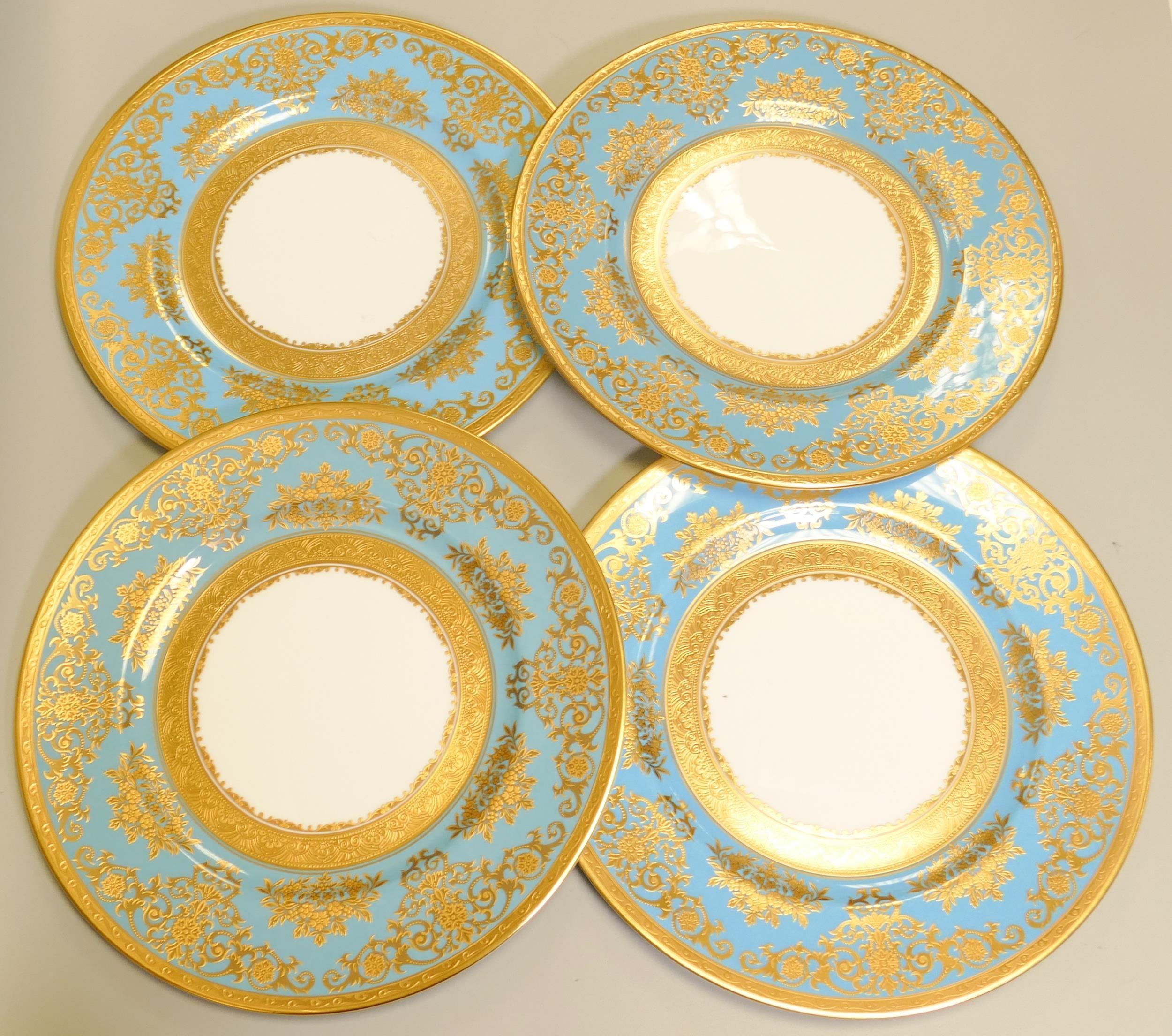 De Lamerie Fine Bone China heavily gilded Turquoise Exotic Garden patterned dinner plates, specially