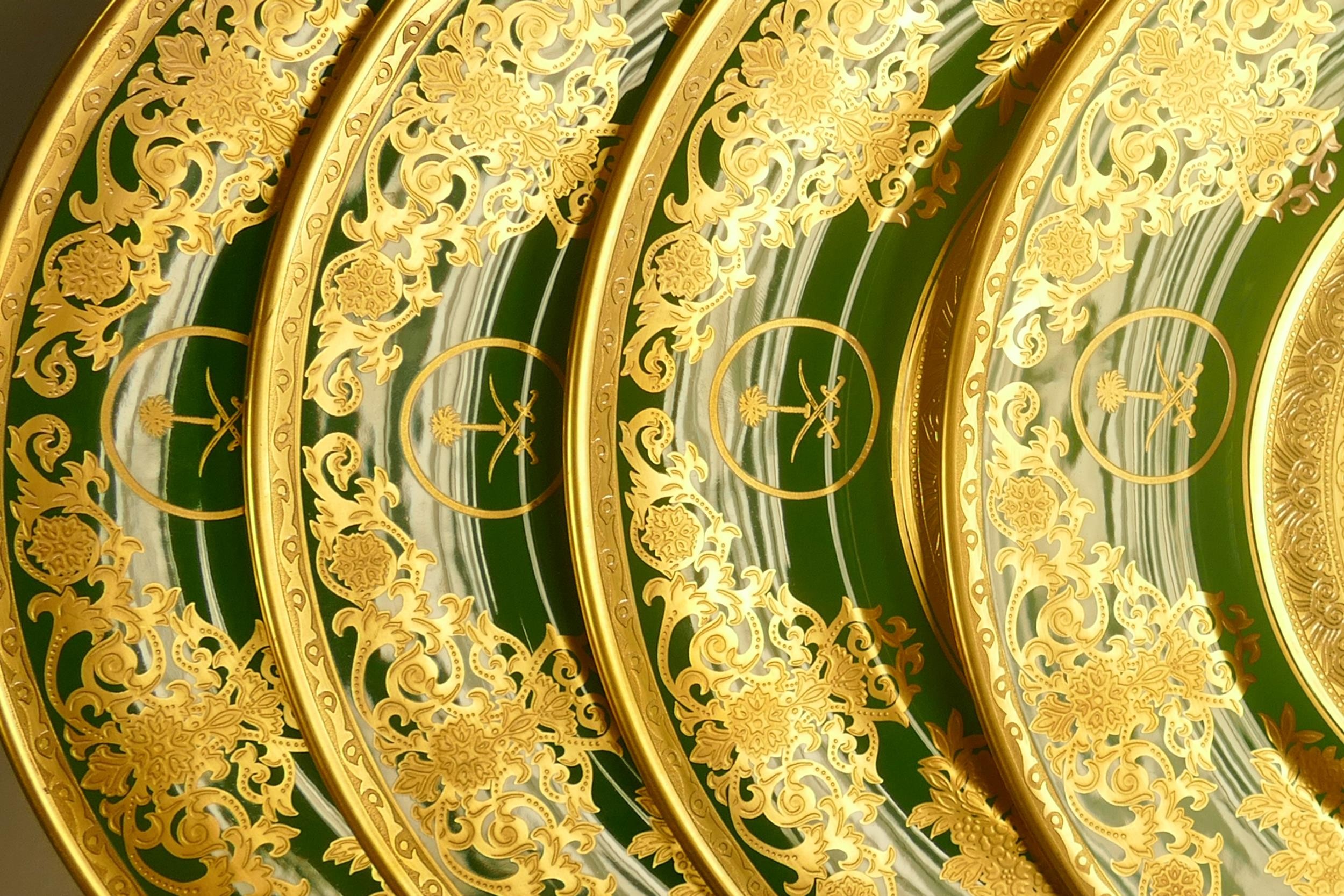 De Lamerie Fine Bone China heavily gilded Exotic Green patterned dinner plates, specially made