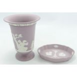 Wedgwood white on lilac vase & pin tray, tallest 13.5cm. (2)