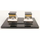 Art Deco style black glass and brass double inkwell, base size 16 x 25cm.