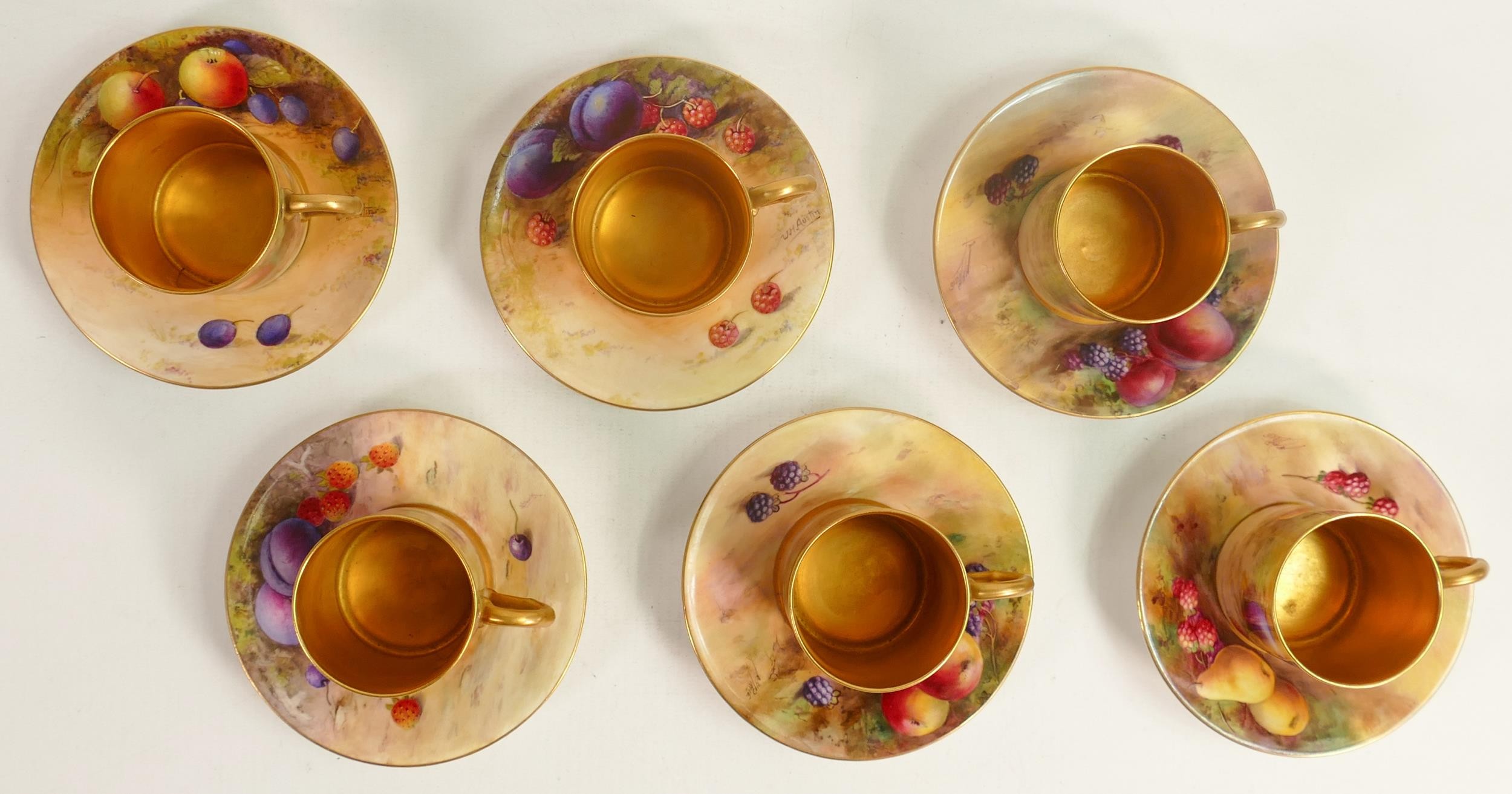 Royal Worcester set of coffee cans and saucers, hand painted with fruit by various artists including - Image 3 of 3