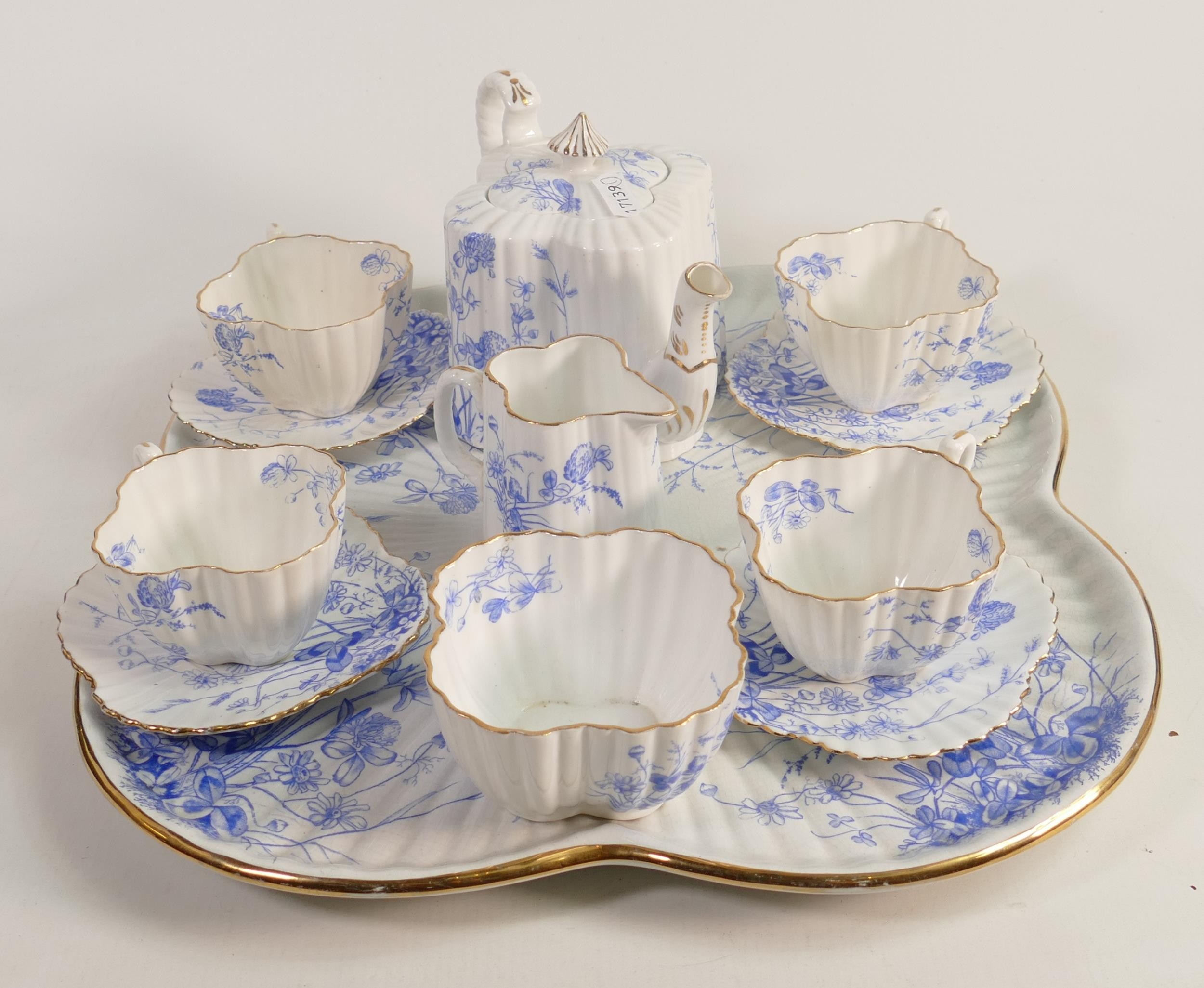 Wileman & Co. Foley China cabaret set decorated in blue & white, comprising tray, teapot, sugar