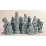 Minton prototype John Bell design chess pieces, finished in matt Turquoise, 10 pieces, height of