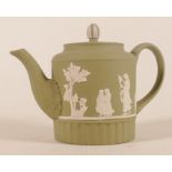 Wedgwood sage green Domestic Employment miniature tea pot, height 10.5cm.