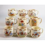 Royal Doulton Bunnykins Don one handled mugs, 4 Barbara Vernon pieces noted. (9)