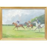 Peter Curling (1955) oil painting on board of Polo players, dated 1973, 50 x 75cm.