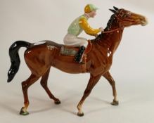 Beswick Jockey on Walking Horse 1037, jockey in yellow & green colourway, on early light brown