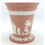 Wedgwood white on salmon pink large flower vase with frog, height 16cm.