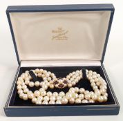 Impressive 3 strand cultured pearl choker necklace, with gold set amethyst & pearl clasp. The