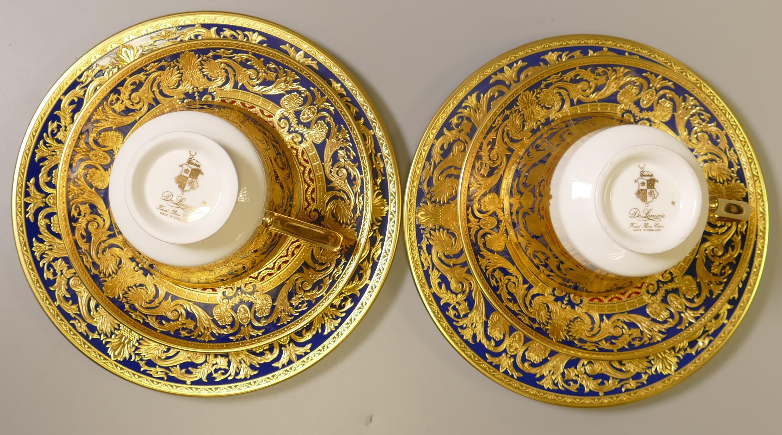 De Lamerie Fine Bone China heavily gilded Dark Blue Empress patterned trios, specially made high end - Image 2 of 3