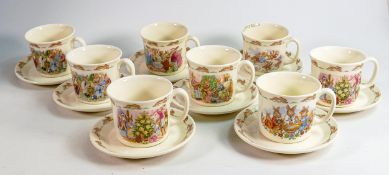 Eight Royal Doulton Bunnykins cup & saucer sets. (8)