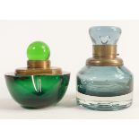 Heavy coloured glass inkwells with brass mounts, tallest 12cm. Chip / crack to edge of green
