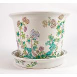 Chinese Famille Rose patterned planter & stand, height 19cm. (2)