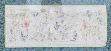 Large Chinese silk embroidered panel with butterflies & prunus design, frame size 93 x 45cm.