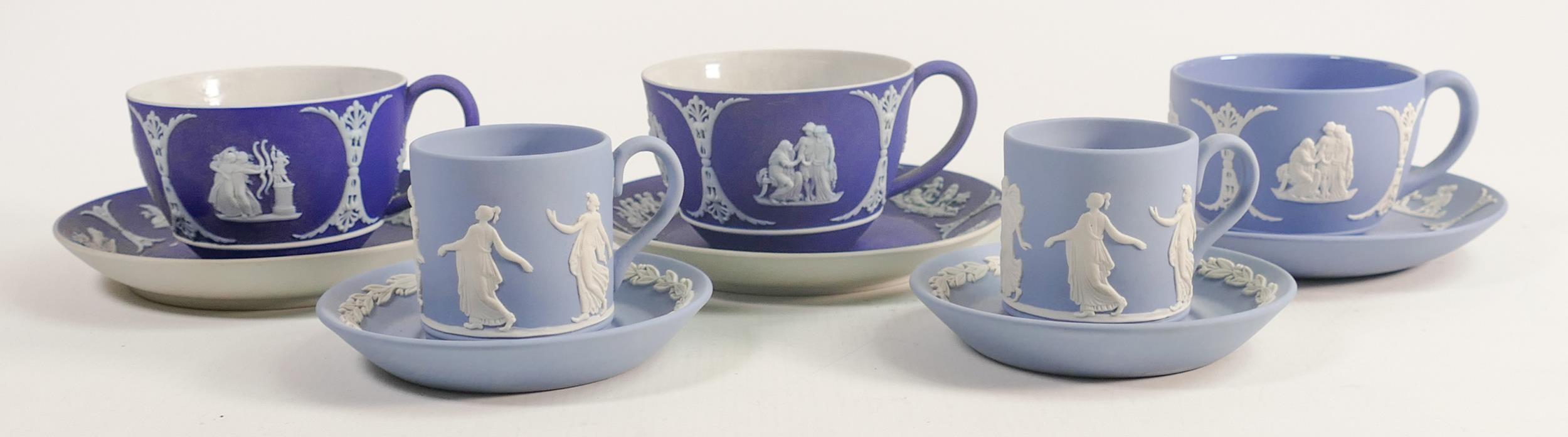 Wedgwood Dancing Hours coffee cans & saucers together with similar dip blue / glazed Jasper cups &