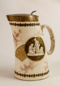19th century Doulton horn jug with relief cameo panel decoration and silver plated fittings, h24cm.
