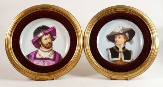Pair of 19th century Berlin framed wall plaques decorated with portraits in period dress, marked