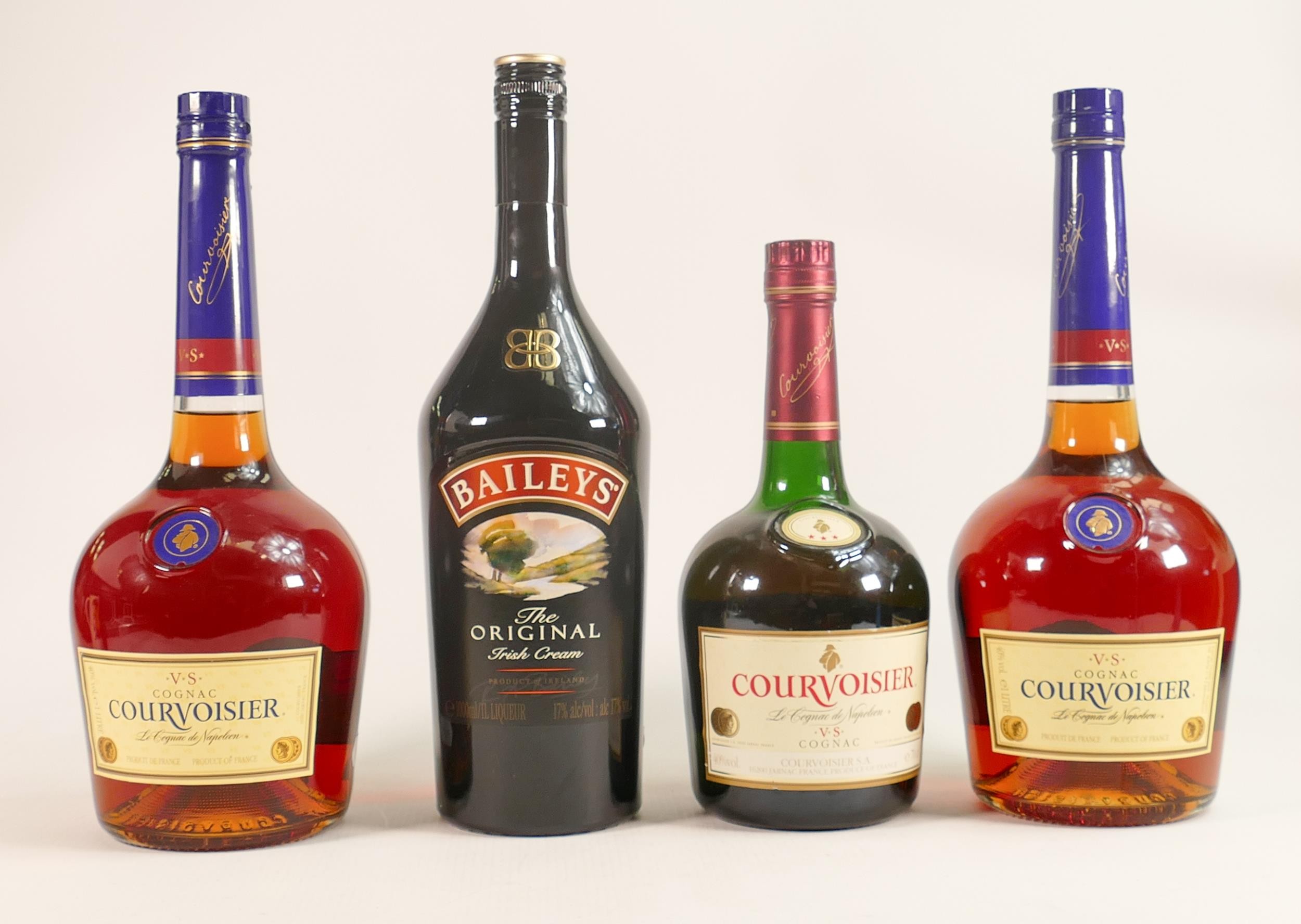 Two litre bottles of Courvoisier Cognac, 70 cl bottle of similar & 1L bottle of Baileys Irish Cream.