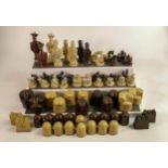 Two decorative pottery & resin chess sets with modernist & oriental themes, 64 pieces, tallest 11cm.