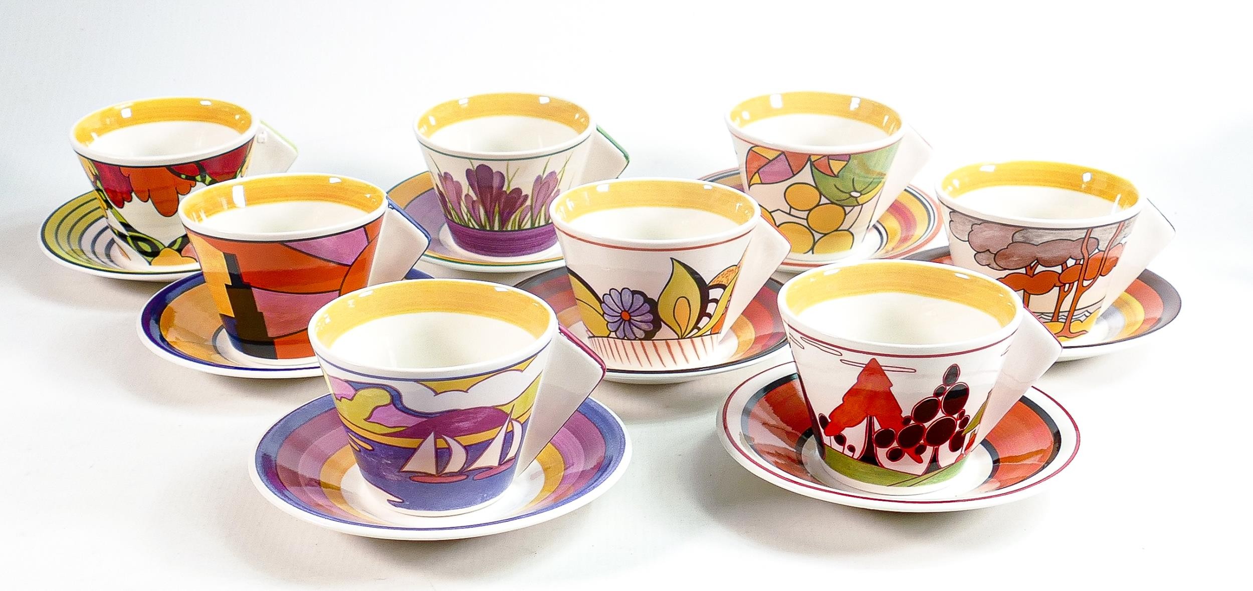 Wedgwood Clarice Cliff Centenary cups & saucers in Trees & House, Honolulu, Lilac Crocus, Devon,