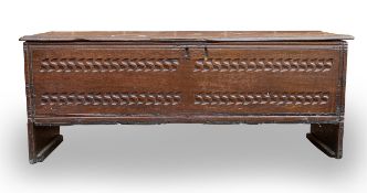 Early oak blanket chest with carved panel detail 111cm x 37cm x 43cm.