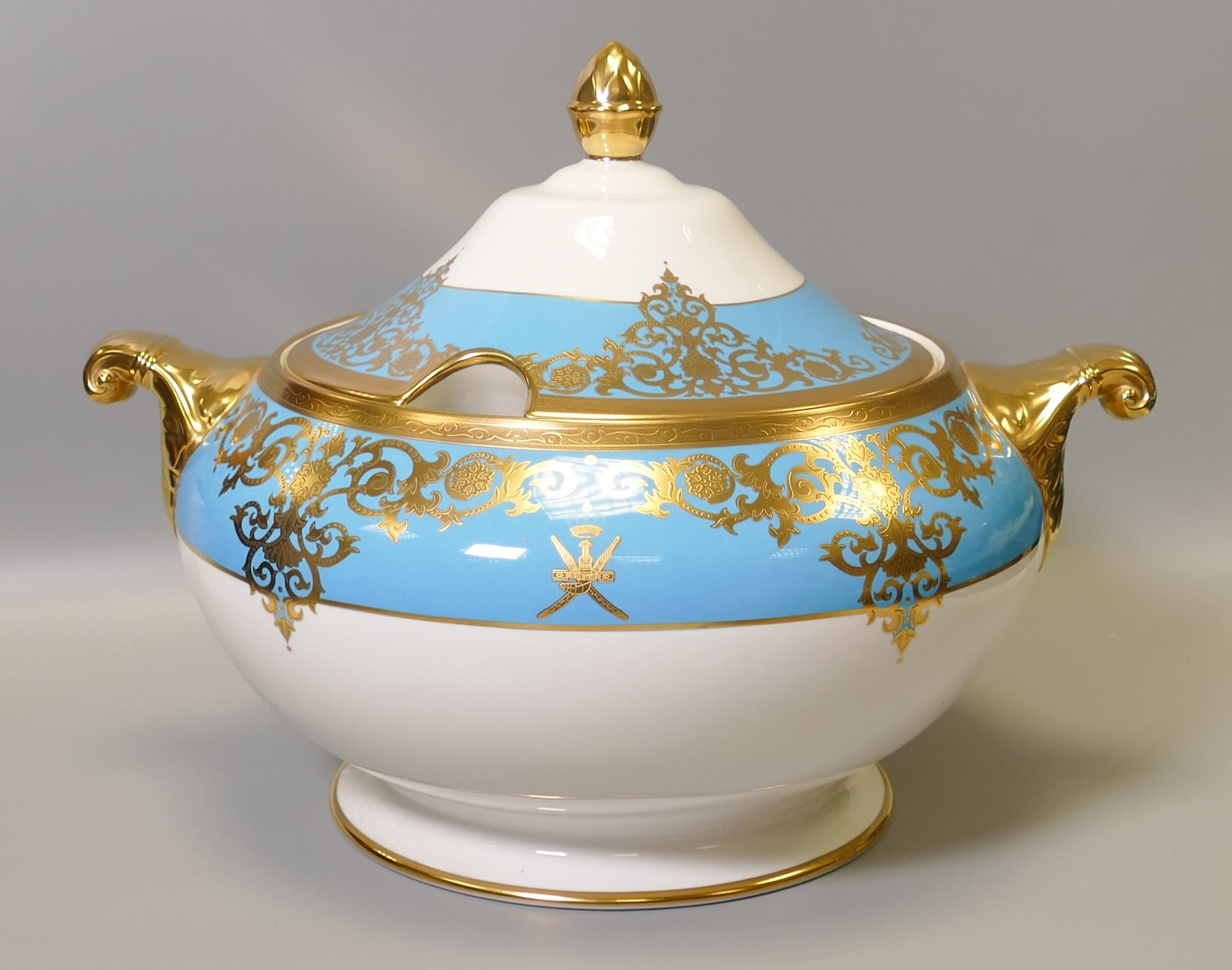 De Lamerie Fine Bone China heavily gilded Turquoise soup tureen with personalised family crest,