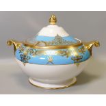 De Lamerie Fine Bone China heavily gilded Turquoise soup tureen with personalised family crest,