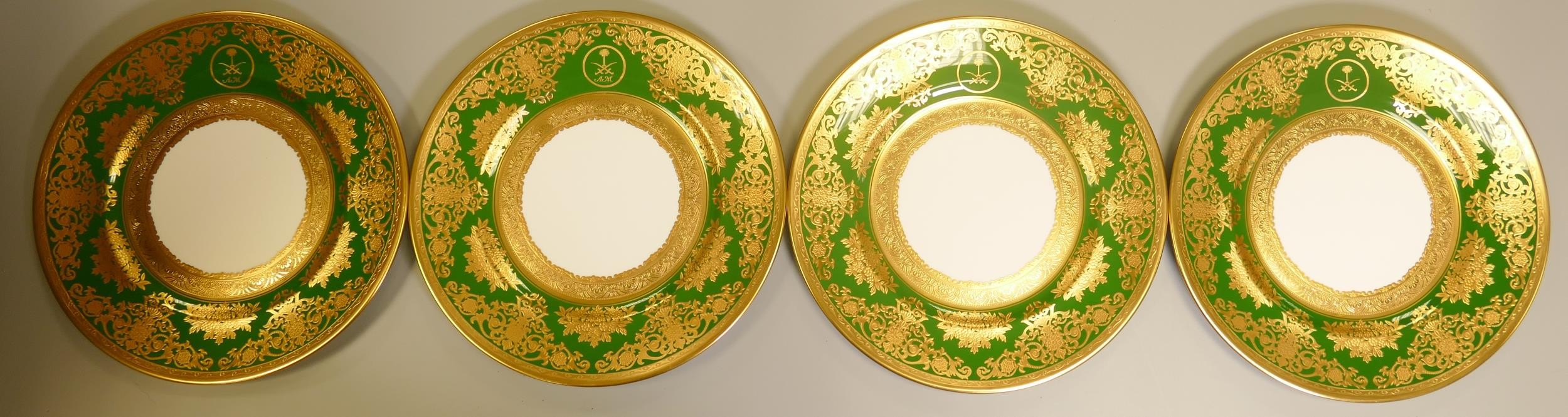 De Lamerie Fine Bone China heavily gilded Exotic Green patterned dinner plates with personalised