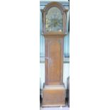 18th century arched brass dial oak long case clock, height 196cm.