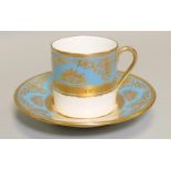 De Lamerie Fine Bone China heavily gilded Turquoise Exotic Garden patterned coffee can & saucer,