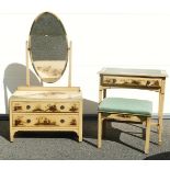English Chinoiserie bedroom suite including dressing table, stool & freestanding mirror. (3)