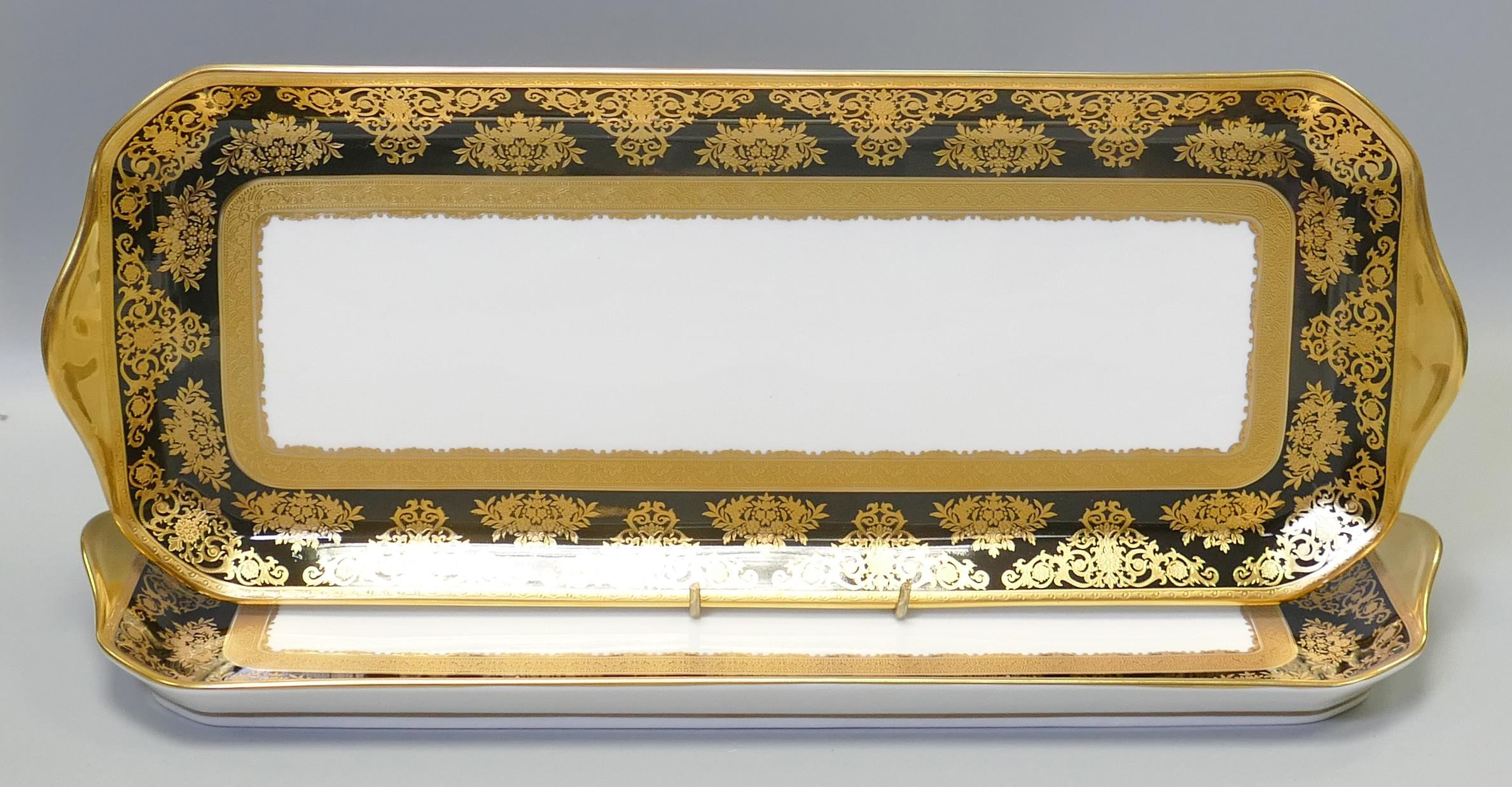 De Lamerie Fine Bone China heavily gilded Black Exotic Garden patterned large sandwich trays,