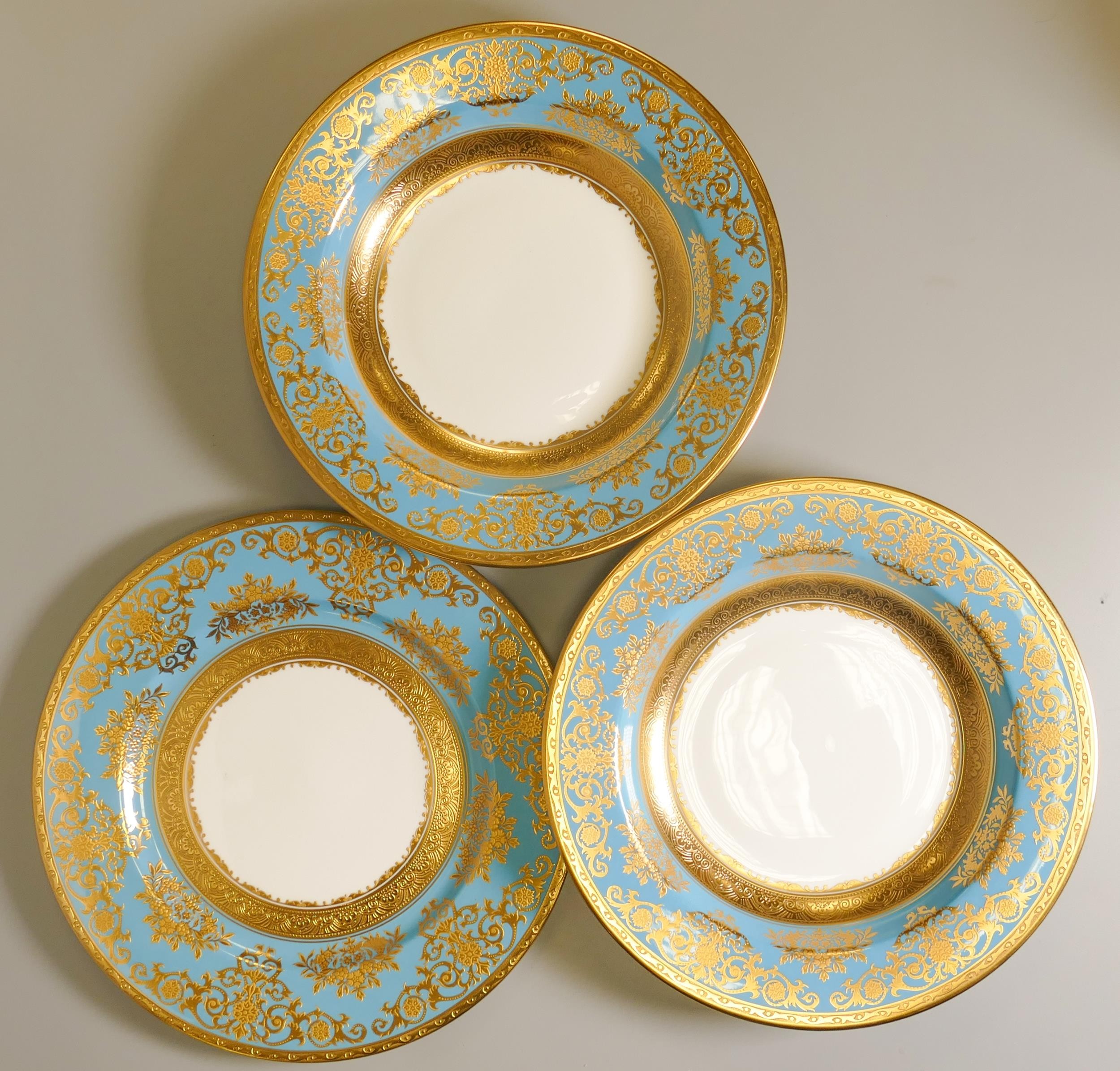 De Lamerie Fine Bone China heavily gilded Turquoise Exotic Garden patterned rimmed bowls & lunch