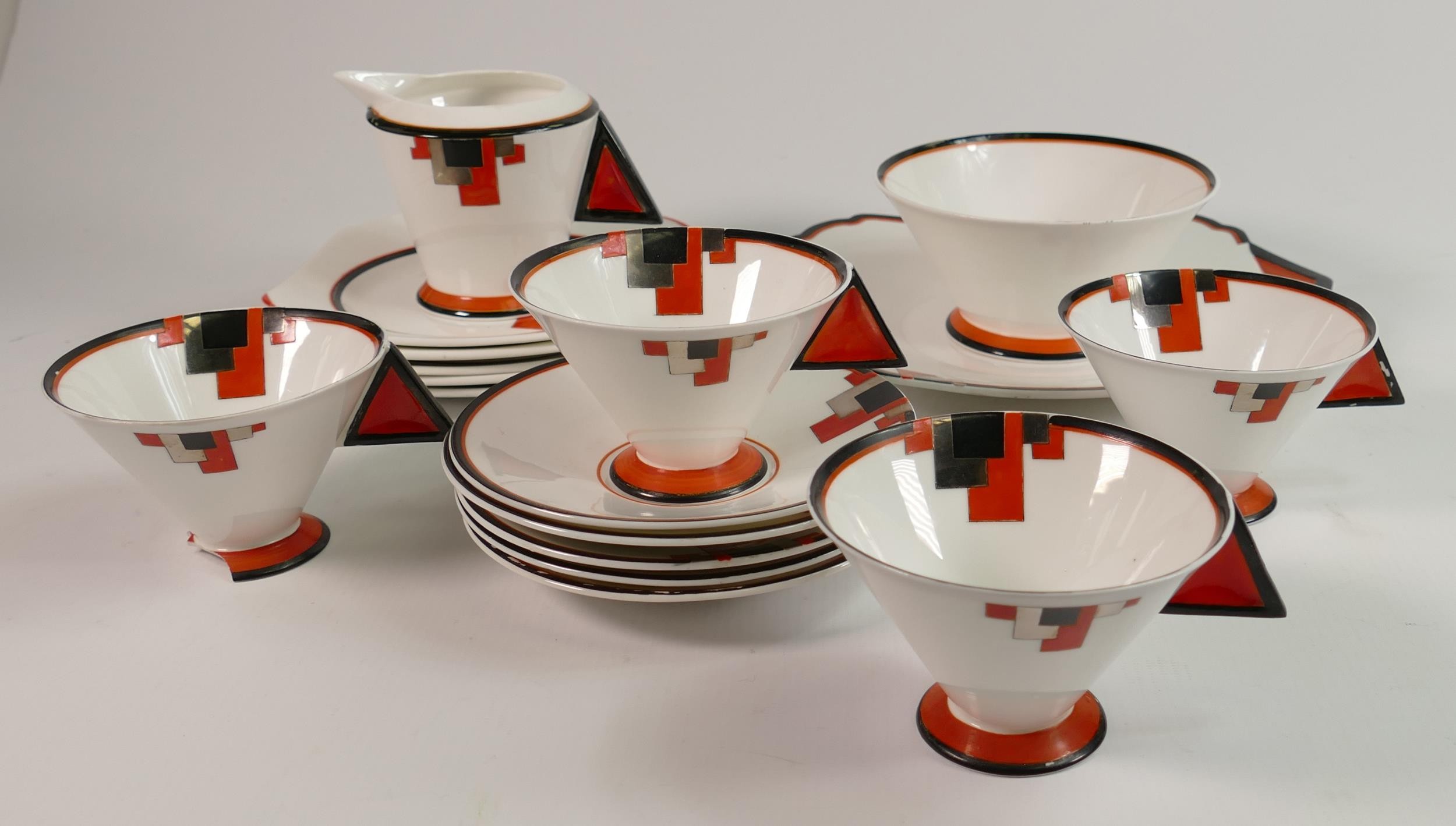 Shelley Red Blocks Mode part coffee set 11786 c1930, comprising 4 cups & saucers, side plates, sugar