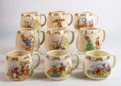Royal Doulton Bunnykins Don one handled cups, 5 Barbara Vernon pieces noted. (9)