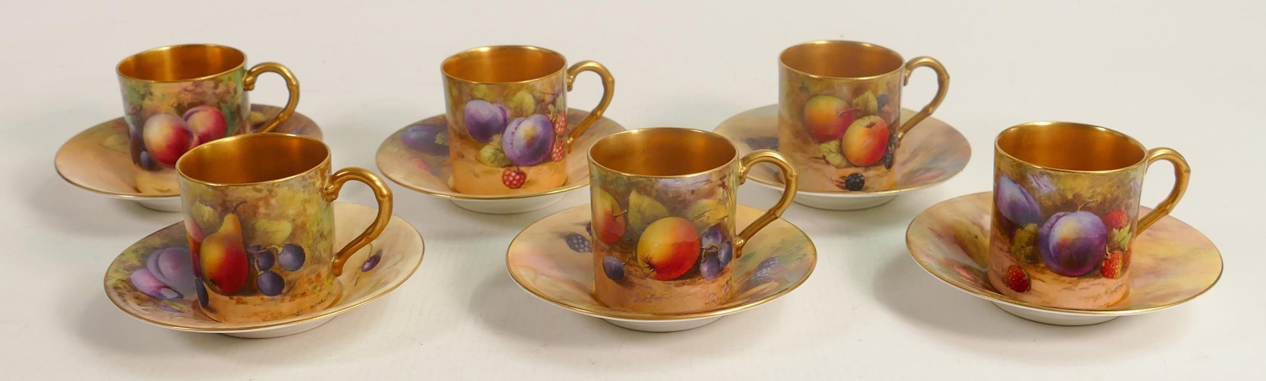 Royal Worcester set of coffee cans and saucers, hand painted with fruit by various artists including