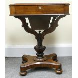 William IV rosewood fold over work table, fitted interior and sliding draw, w60 x d41 x h74cm.