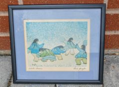 19th century signed block print by Cecil Youngfox entitled the Winter Dancers, frame size 22.5 x