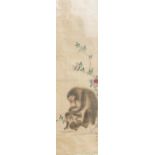 19th century framed Japanese scroll with images of monkey & prunus blossom, frame size 111 x 36.5cm,