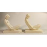 Pair of Wedgwood Moonstone lady bookends, one in a cream glaze and the other in a crackled glaze,