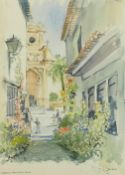 Tom Hinks modern watercolour titled Marbella Campo Santo Plaza, frame size 55cm x 45cm