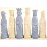 1950's Wedgwood blue and white Jasper ware chess set, after the design by Arnold Machin, (32 pieces)
