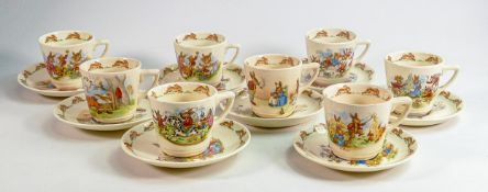 Royal Doulton Bunnykins matched cup & saucer sets, three signed Barbara Vernon pieces noted. (8