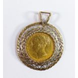 Gold Full shield back sovereign dated 1878, in 9ct gold ornate mount, 12.3g.